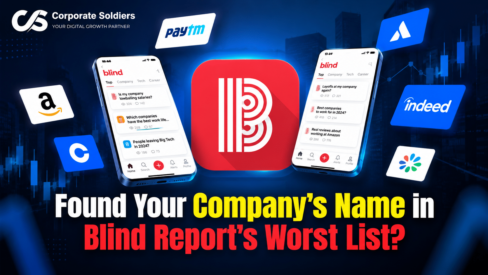 Blind app showing company reviews and discussions with logos of major companies