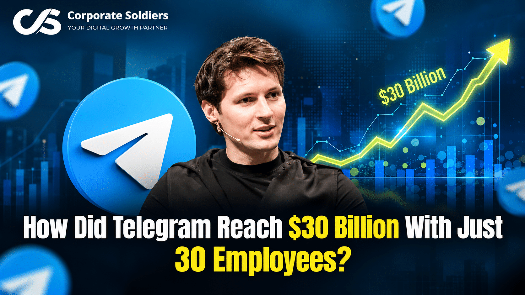 Telegram founder with Telegram logo and $30 billion growth chart