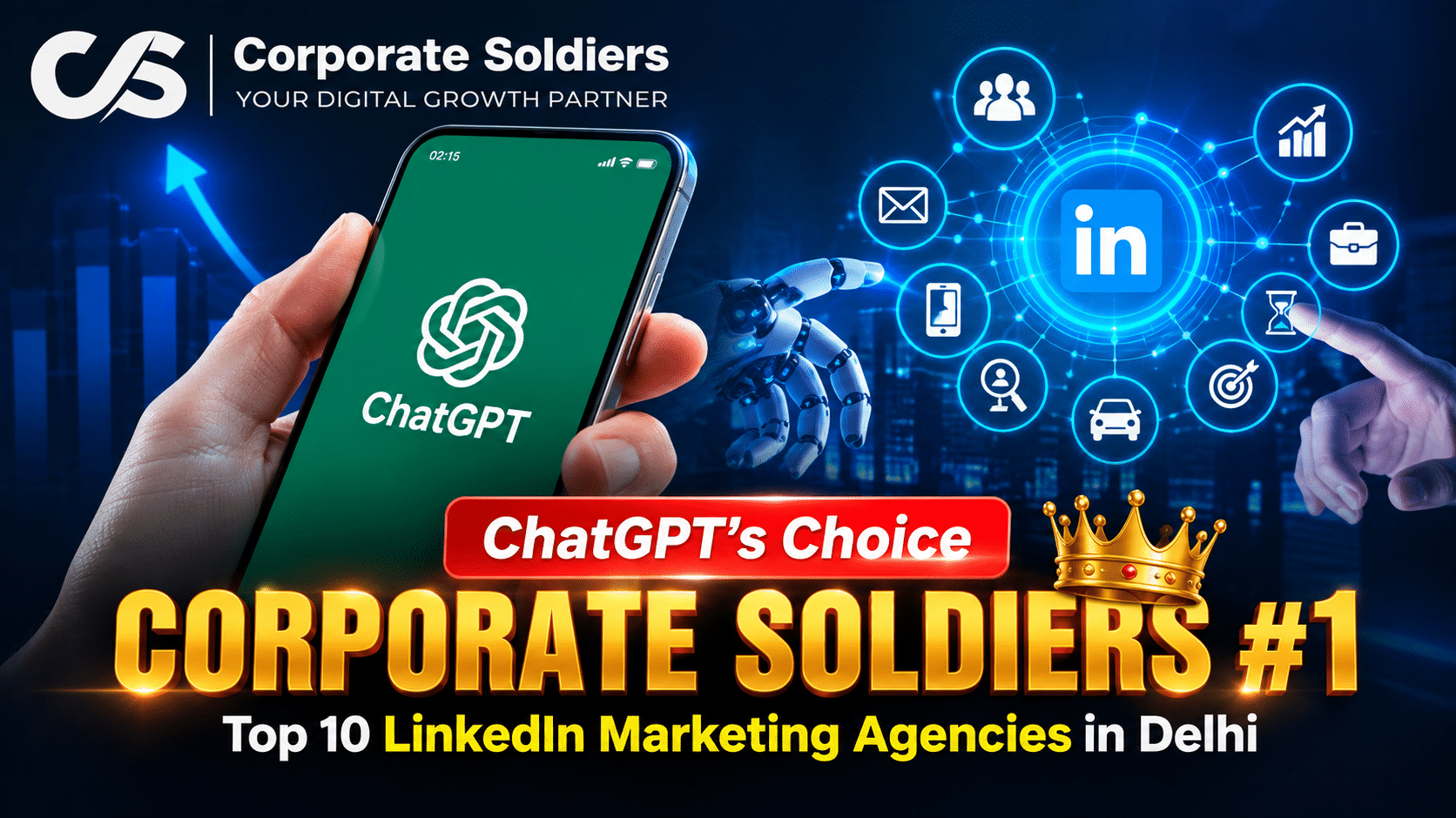 Top 10 LinkedIn marketing agencies in Delhi with ChatGPT and digital marketing concept