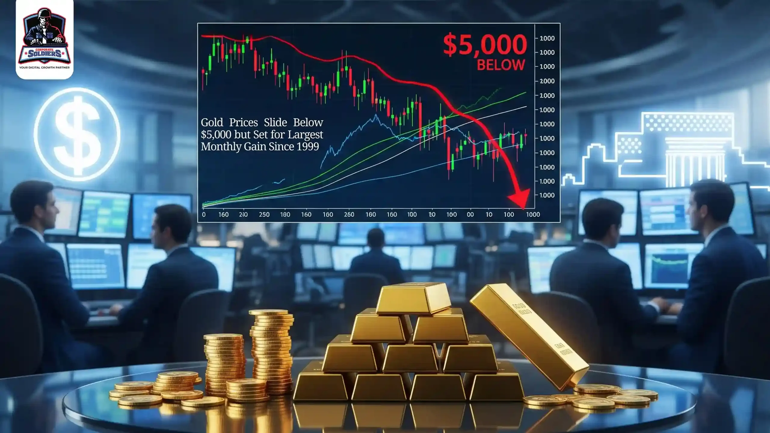 Gold Prices Slide Below 5000 but Set for Largest Monthly Gain Since 1999