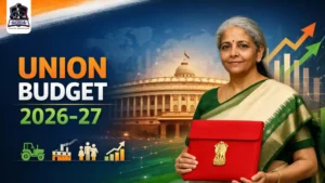 Union Budget 2026-27 India with Finance Minister Nirmala Sitharaman and budget briefcase