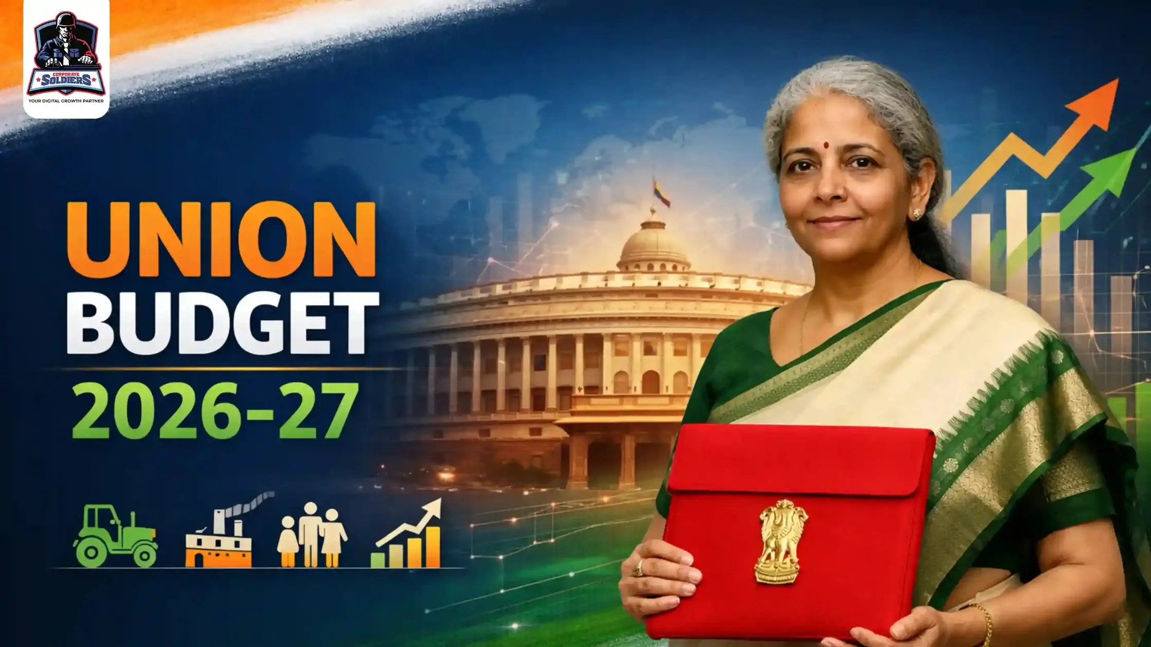 Union Budget 2026-27 India with Finance Minister Nirmala Sitharaman and budget briefcase