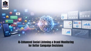 AI social listening and brand monitoring with digital brain, social media icons and analytics charts