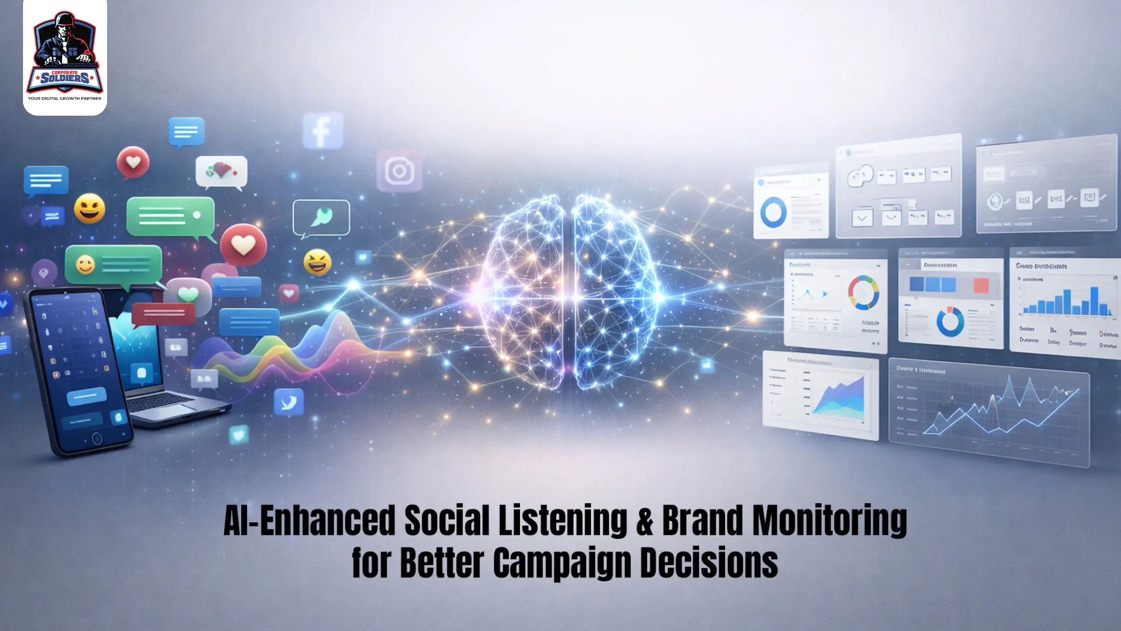 AI social listening and brand monitoring with digital brain, social media icons and analytics charts