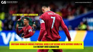 Cristiano Ronaldo celebrates Portugal's 5-0 victory over Uzbekistan after scoring a historic double and breaking a Portugal World Cup record.