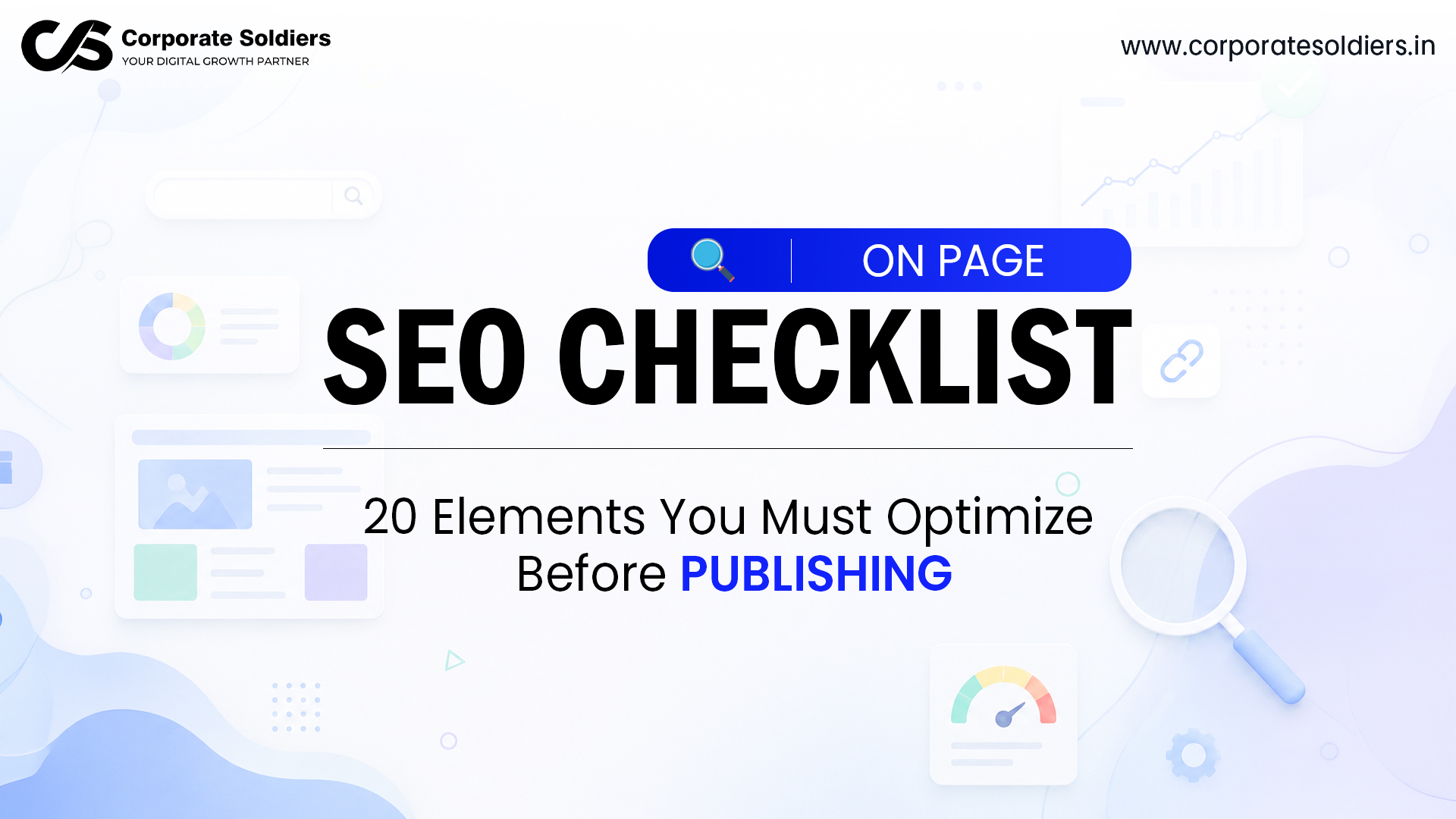 On-Page SEO Checklist with 20 essential optimization elements including title tags, meta descriptions, headings, keywords, internal links, image optimization, and user experience factors before publishing content