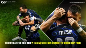Argentina celebrates a dramatic 2-1 victory over England as players embrace on the field, highlighting Messi's leadership in the World Cup semifinal.