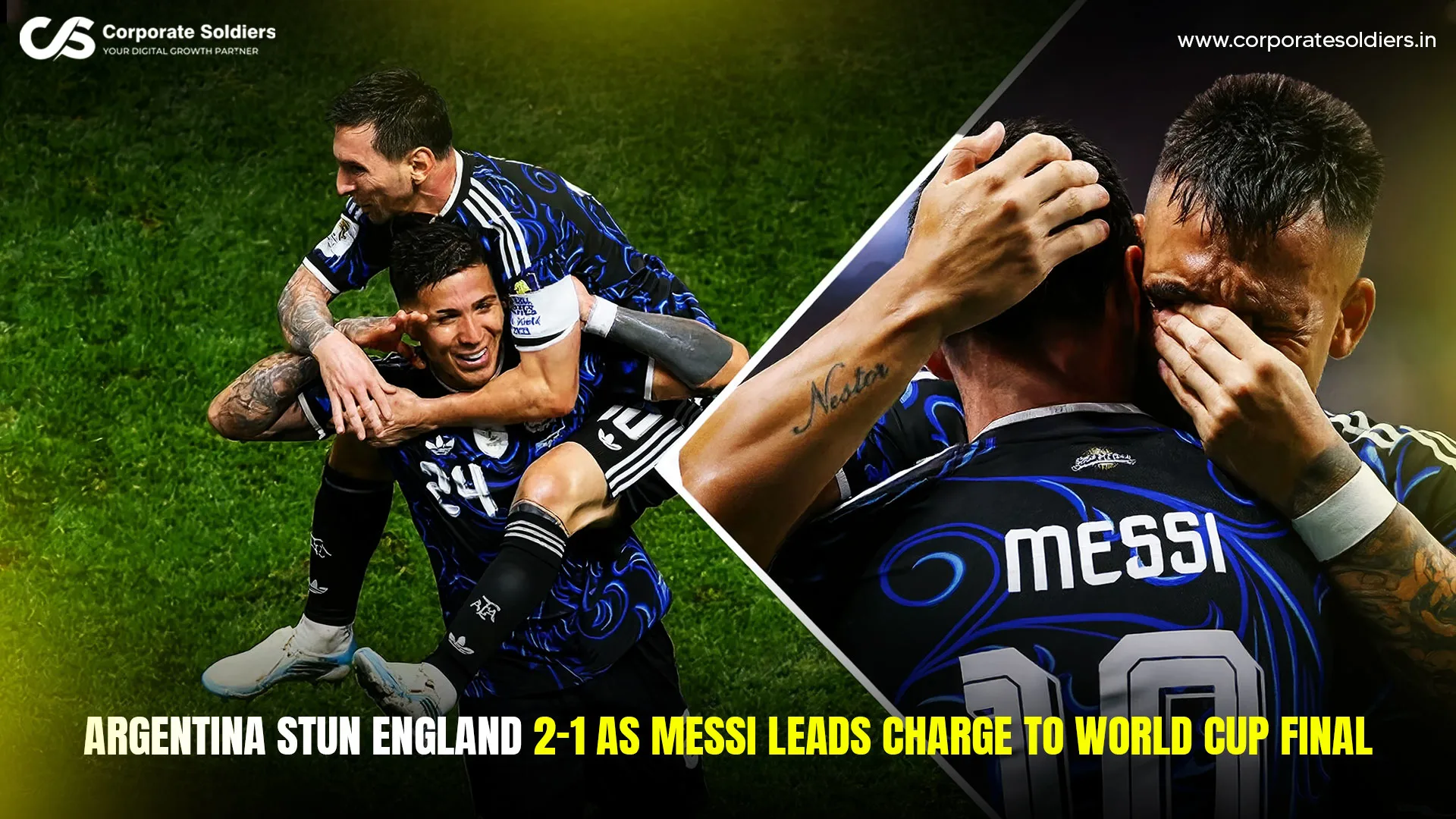 Argentina celebrates a dramatic 2-1 victory over England as players embrace on the field, highlighting Messi's leadership in the World Cup semifinal.