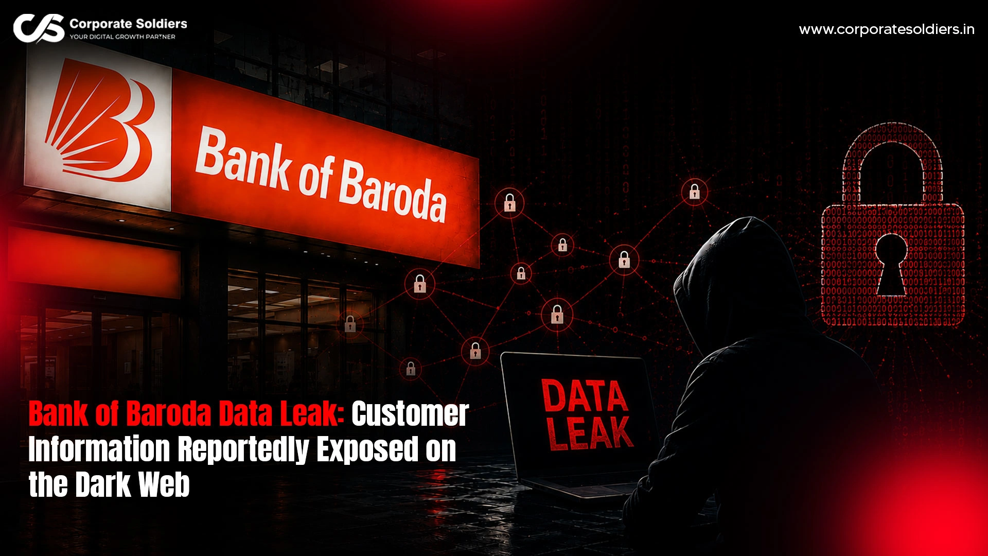 Bank of Baroda data leak illustration showing a hacker, cybersecurity threat, and reports of customer information allegedly exposed on the dark web.