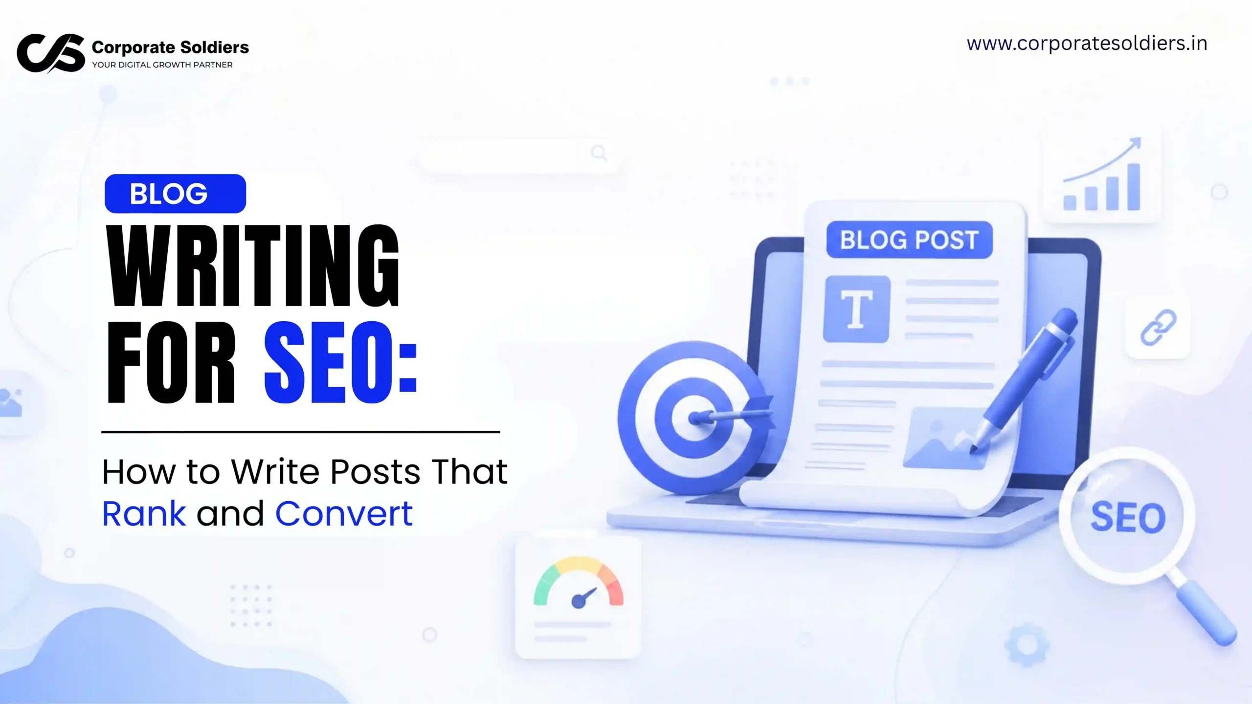 Blog writing for SEO illustration showing a blog post, target icon, SEO magnifying glass, and analytics dashboard representing content optimization and higher search rankings.