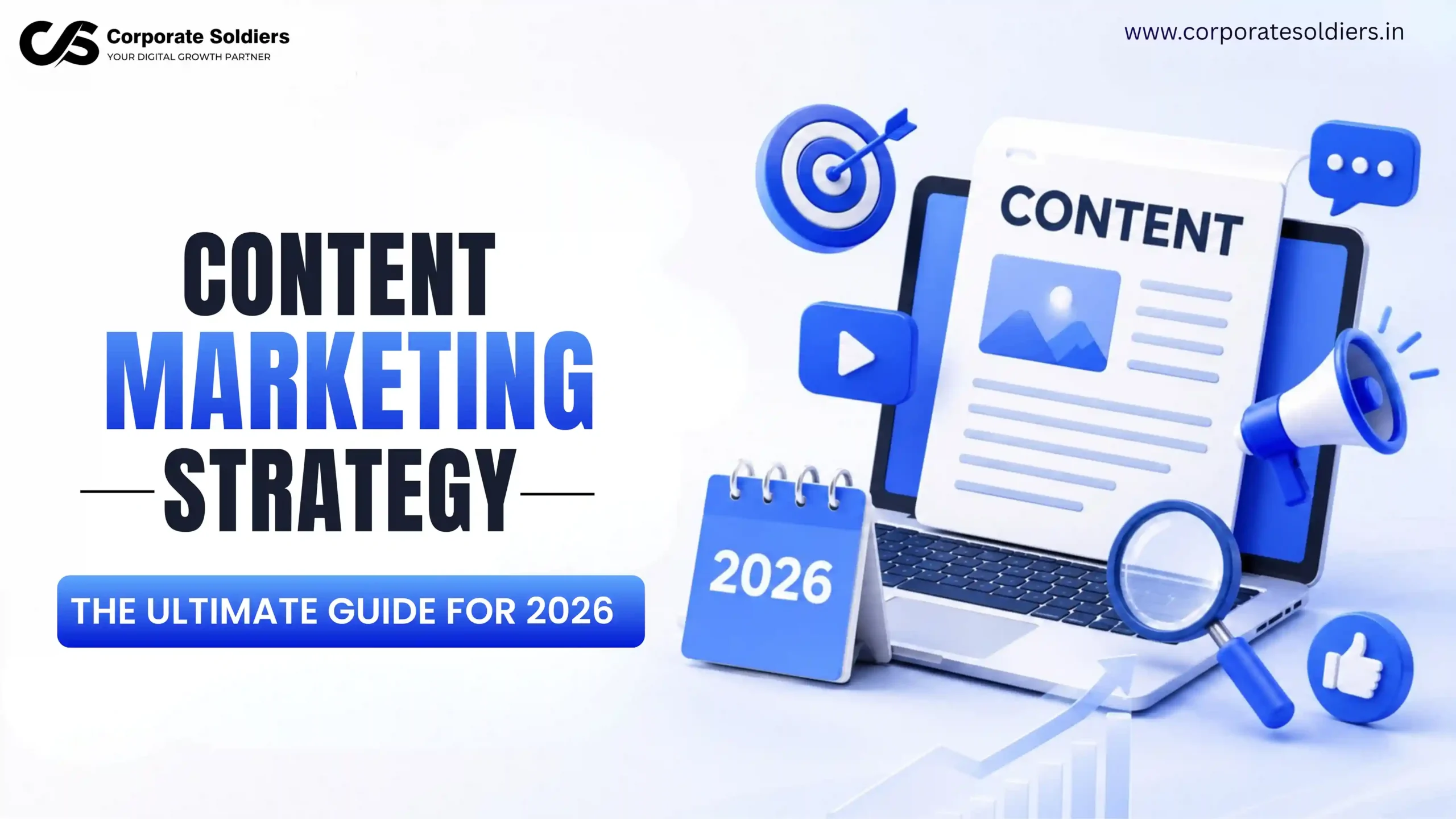 Content marketing strategy illustration showing content planning, SEO, social media, blog writing, and audience engagement.