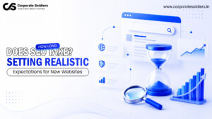 How long does SEO take? Setting realistic expectations for new websites with a blue-themed illustration featuring a search engine interface, hourglass, magnifying glass, analytics chart, and Corporate Soldiers branding.