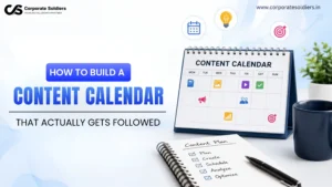 Content calendar planner with weekly schedule, marketing icons, content planning notebook, and checklist for creating and managing a successful content calendar.