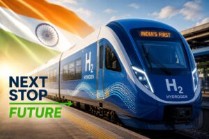 India's first hydrogen-powered train displayed at a railway station with the Indian national flag in the background, representing the future of sustainable rail transportation.