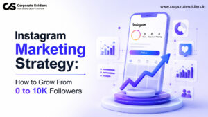 Instagram marketing strategy illustration showing a smartphone with an Instagram profile, growth analytics, engagement icons, and an upward trend arrow representing follower growth from 0 to 10K.
