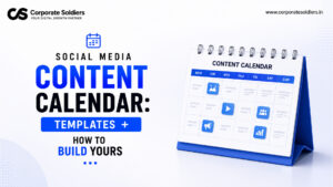 Social media content calendar template displayed on a desktop calendar with content planning icons for scheduling posts, videos, images, and marketing campaigns.