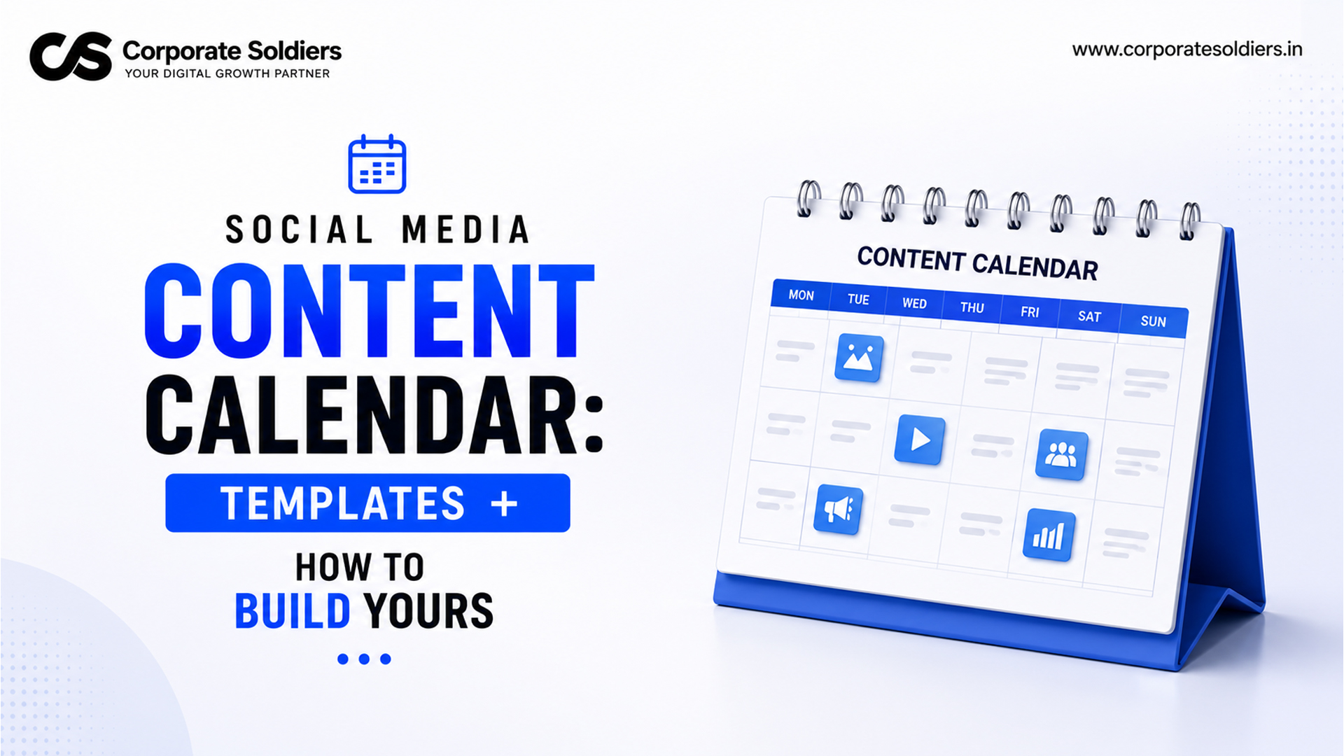 Social media content calendar template displayed on a desktop calendar with content planning icons for scheduling posts, videos, images, and marketing campaigns.