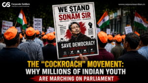 Protesters holding a "We Stand With Sonam Sir" poster during the Cockroach Movement march toward Parliament in India.