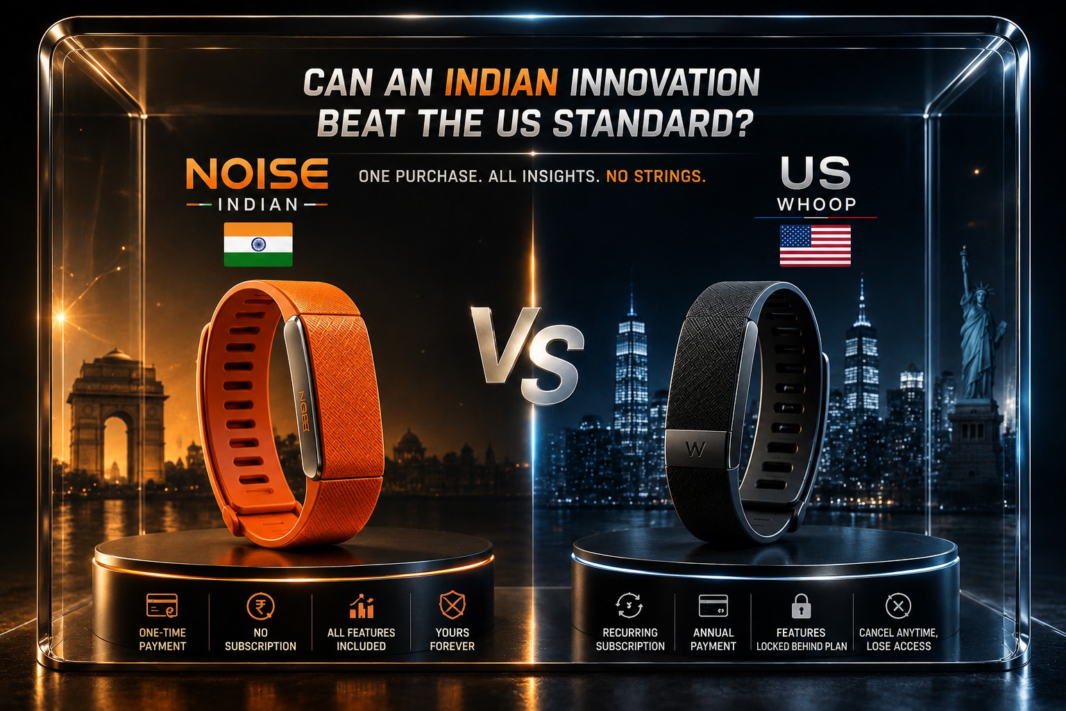Noise fitness tracker vs WHOOP wearable comparison showing one-time payment versus subscription model.