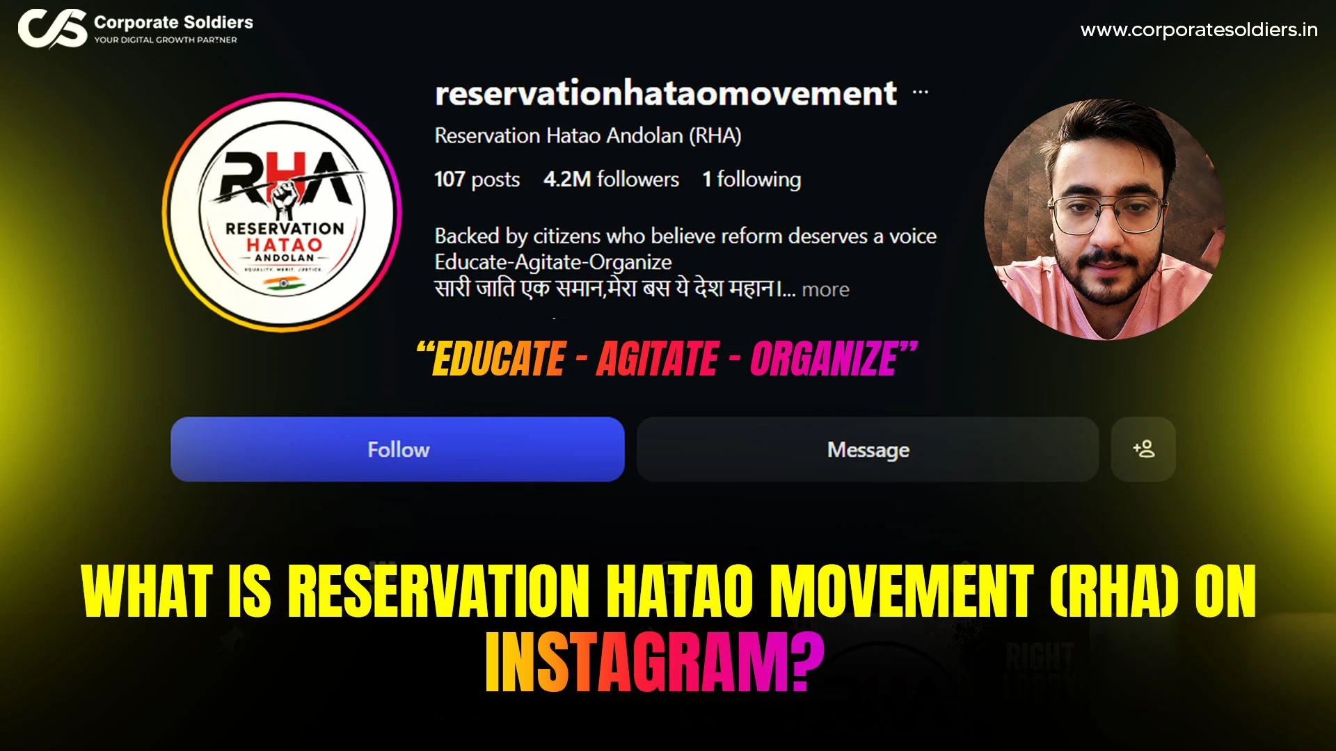 Instagram profile of Reservation Hatao Movement (RHA), highlighting the movement's online presence and campaign promoting education, awareness, and reform.