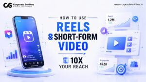 Smartphone displaying Instagram Reels with analytics dashboard illustrating how reels and short-form videos help increase reach, engagement, and audience growth.