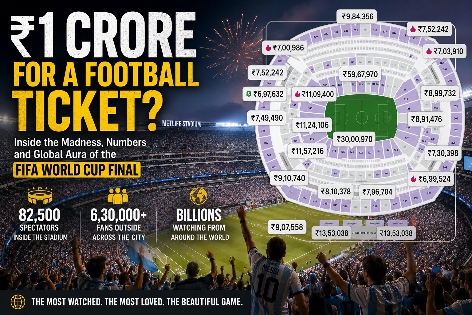 Packed football stadium showing FIFA World Cup Final ticket prices reaching up to ₹1 crore, highlighting the global demand for football's biggest match.
