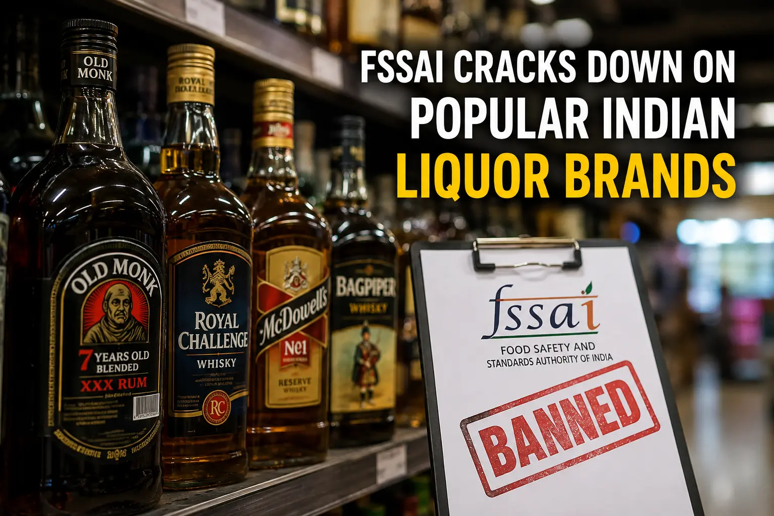 FSSAI crackdown on popular Indian liquor brands including Old Monk, Royal Challenge, McDowell's and Bagpiper.