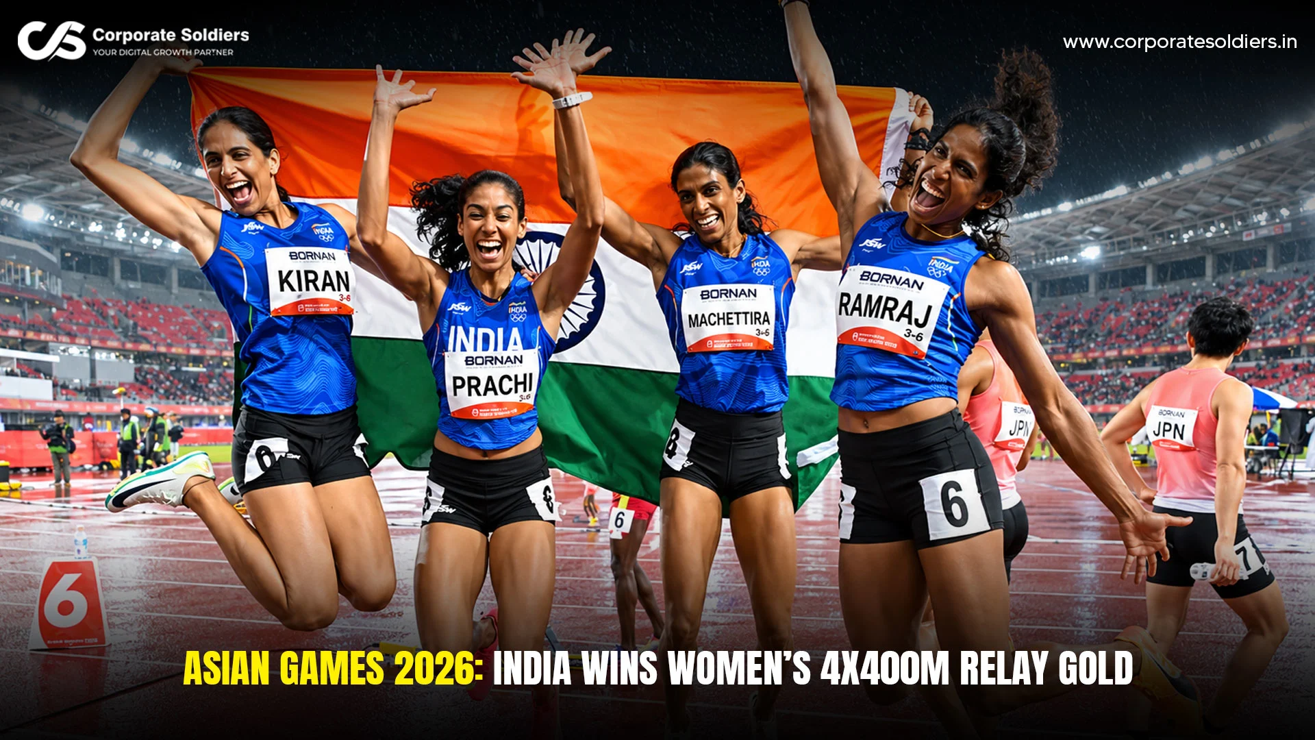 India women’s 4x400m relay team celebrating gold at Asian Games 2026