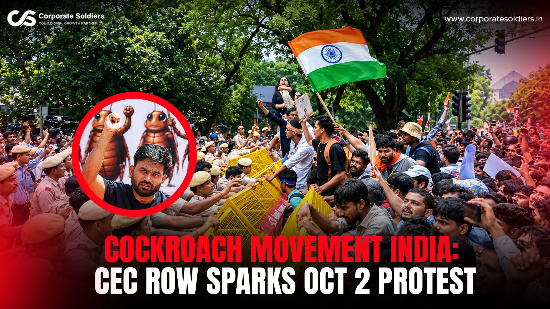 Cockroach Movement India protest over CEC row with protesters, police, Indian flag and cockroach illustration.