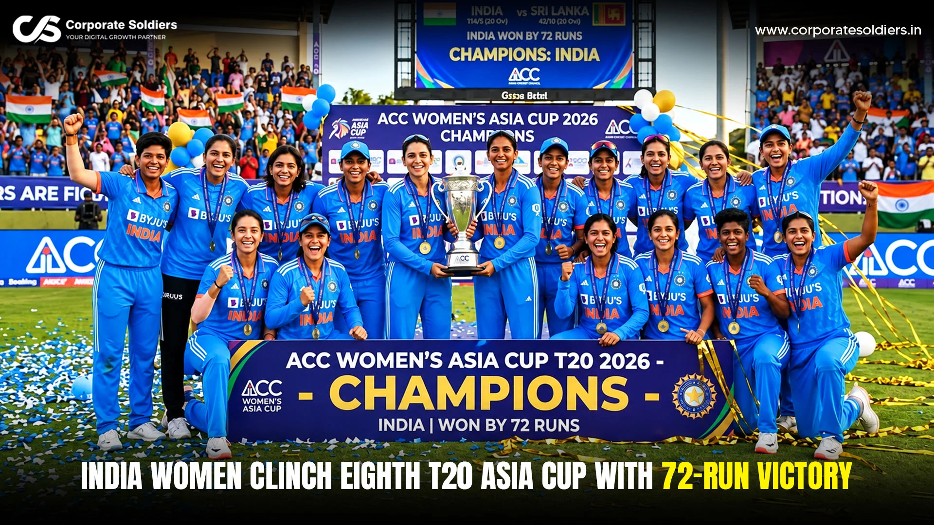 India Women celebrate winning the T20 Asia Cup 2026 after a 72-run victory