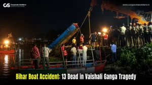 Rescue teams recovering a boat during a nighttime operation after a reported boat accident on the Ganga River in Vaishali, Bihar