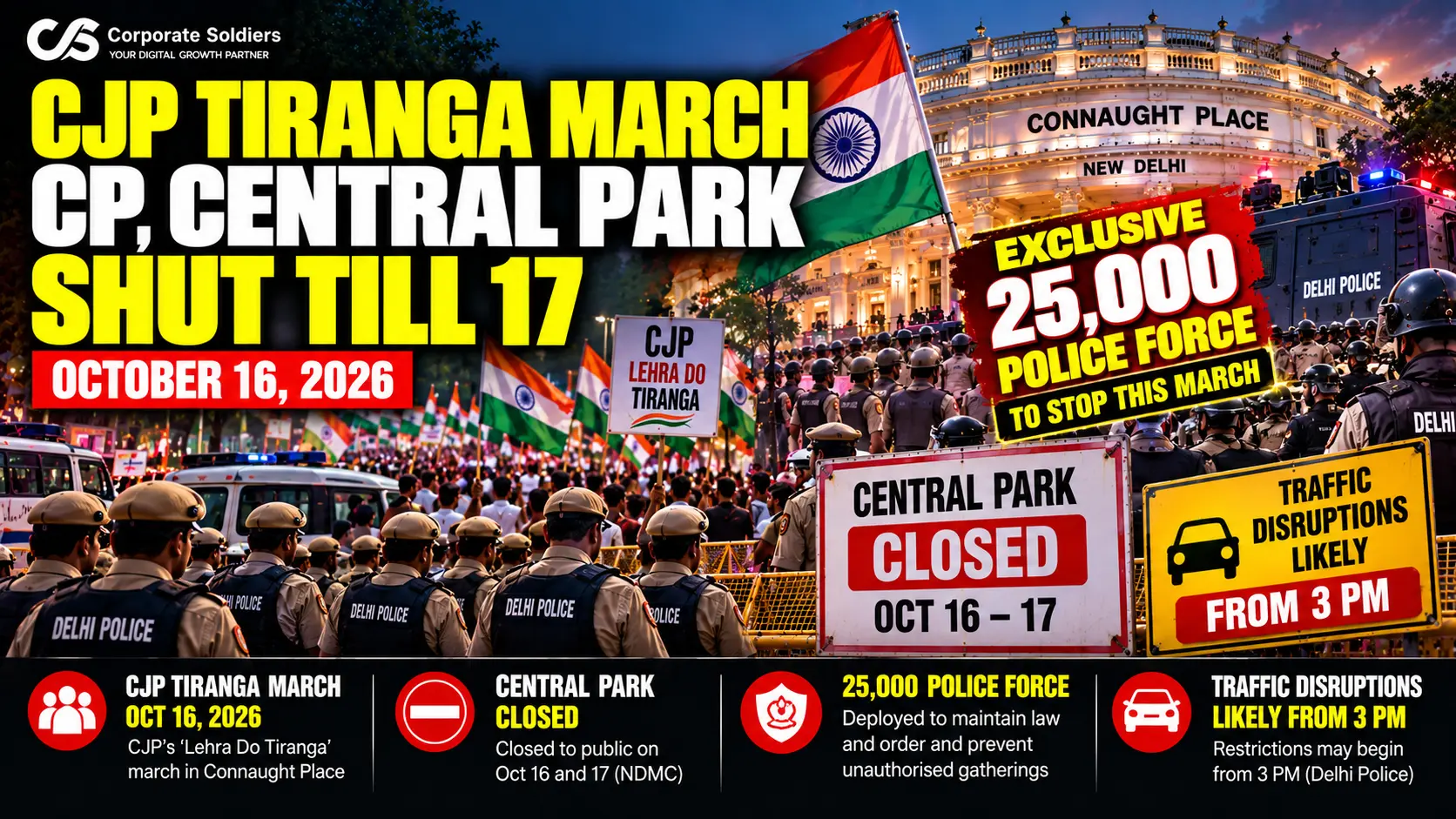 Delhi Tiranga March announcement highlighting Connaught Place and Central Park closures on October 16 and 17