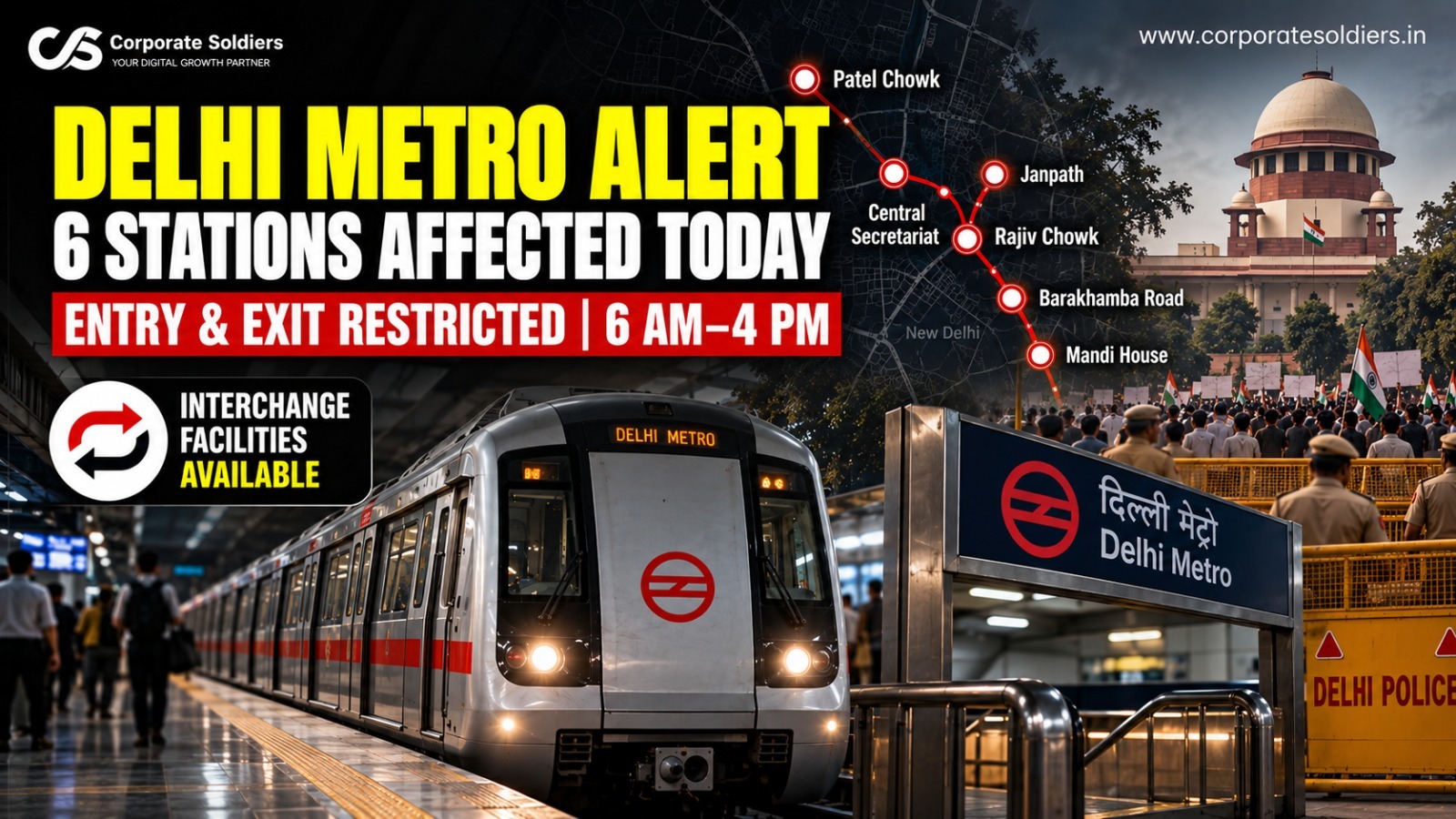 Delhi Metro train with a map highlighting six stations affected by entry and exit restrictions