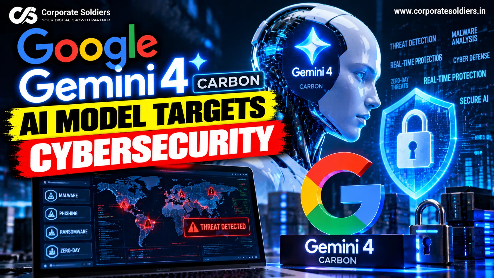 Google Gemini 4 Carbon AI model targeting cybersecurity with advanced threat detection and real-time protection.