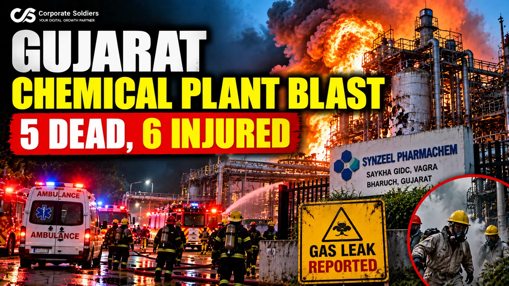 Firefighters and emergency teams respond to a chemical plant explosion at Saykha GIDC in Bharuch, Gujarat.