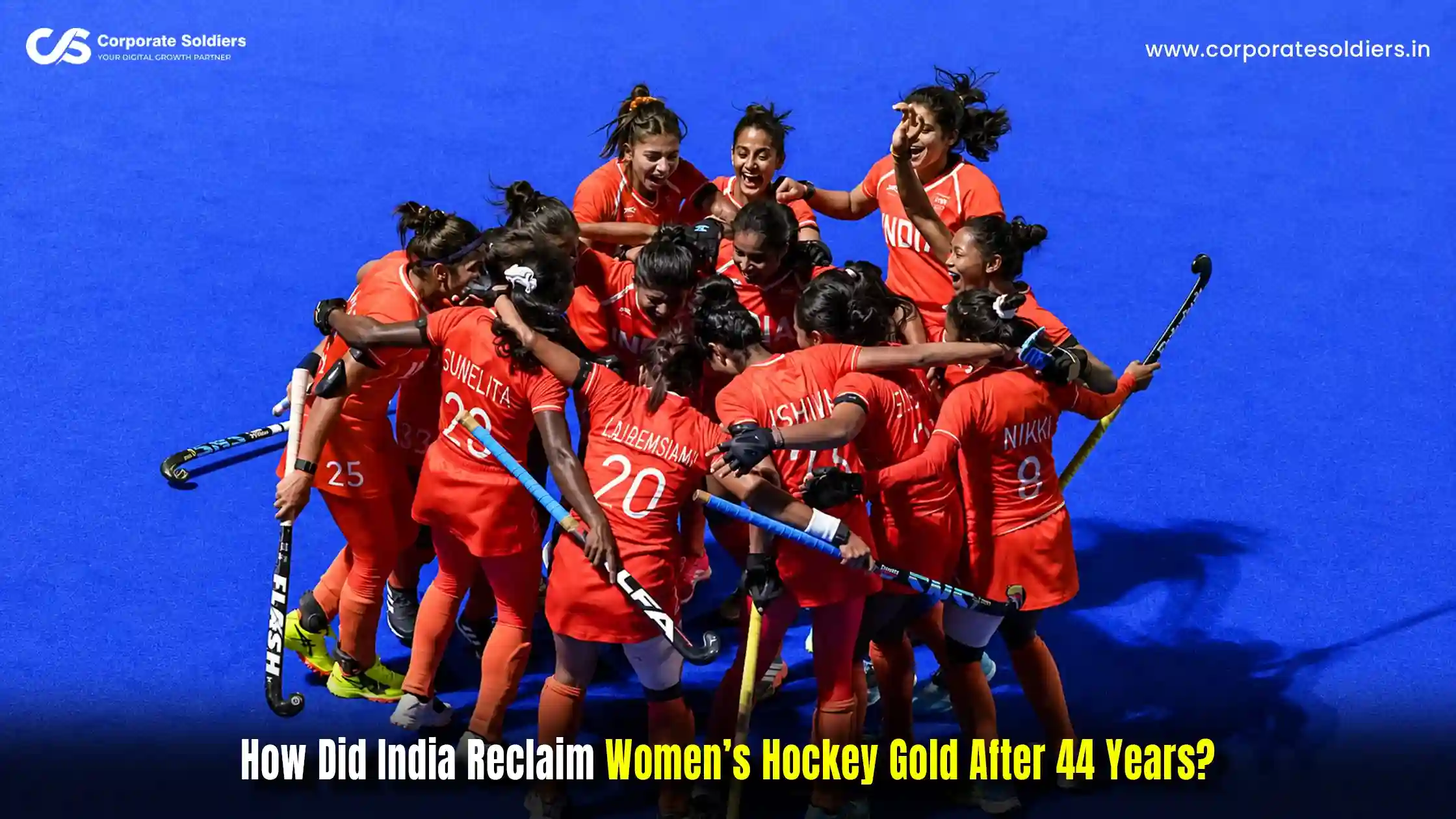Indian women’s hockey team celebrating after winning gold