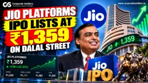Jio Platforms IPO lists at ₹1,359 on Dalal Street amid stock market activity.