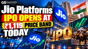 Jio Platforms IPO news graphic featuring the Jio logo, Indian stock market charts, and a ₹1,119 IPO price band headline.