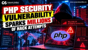 PHP security vulnerability news graphic showing a laptop with the PHP logo, cyberattack alerts, and a hooded hacker.