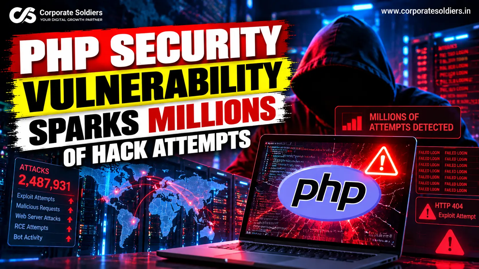 PHP security vulnerability news graphic showing a laptop with the PHP logo, cyberattack alerts, and a hooded hacker.