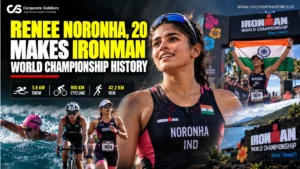 Renee Noronha, 20, celebrates India's achievement at the Ironman World Championship in Kona, Hawaii, featuring swimming, cycling, and running segments.