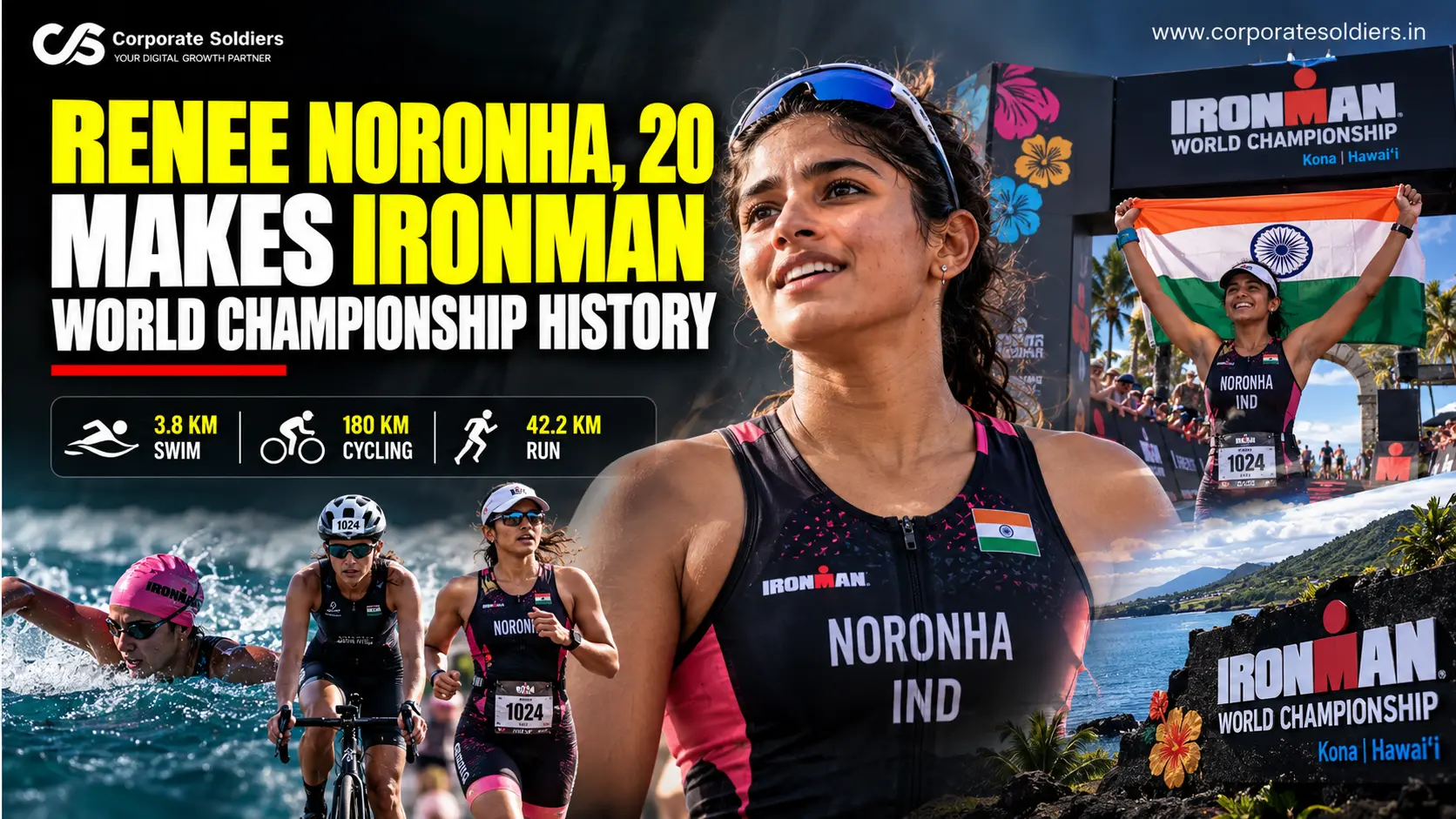 Renee Noronha, 20, celebrates India's achievement at the Ironman World Championship in Kona, Hawaii, featuring swimming, cycling, and running segments.
