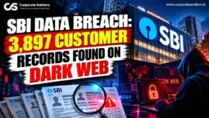 SBI data breach news graphic showing the State Bank of India building, customer records, and a dark web cybersecurity threat.