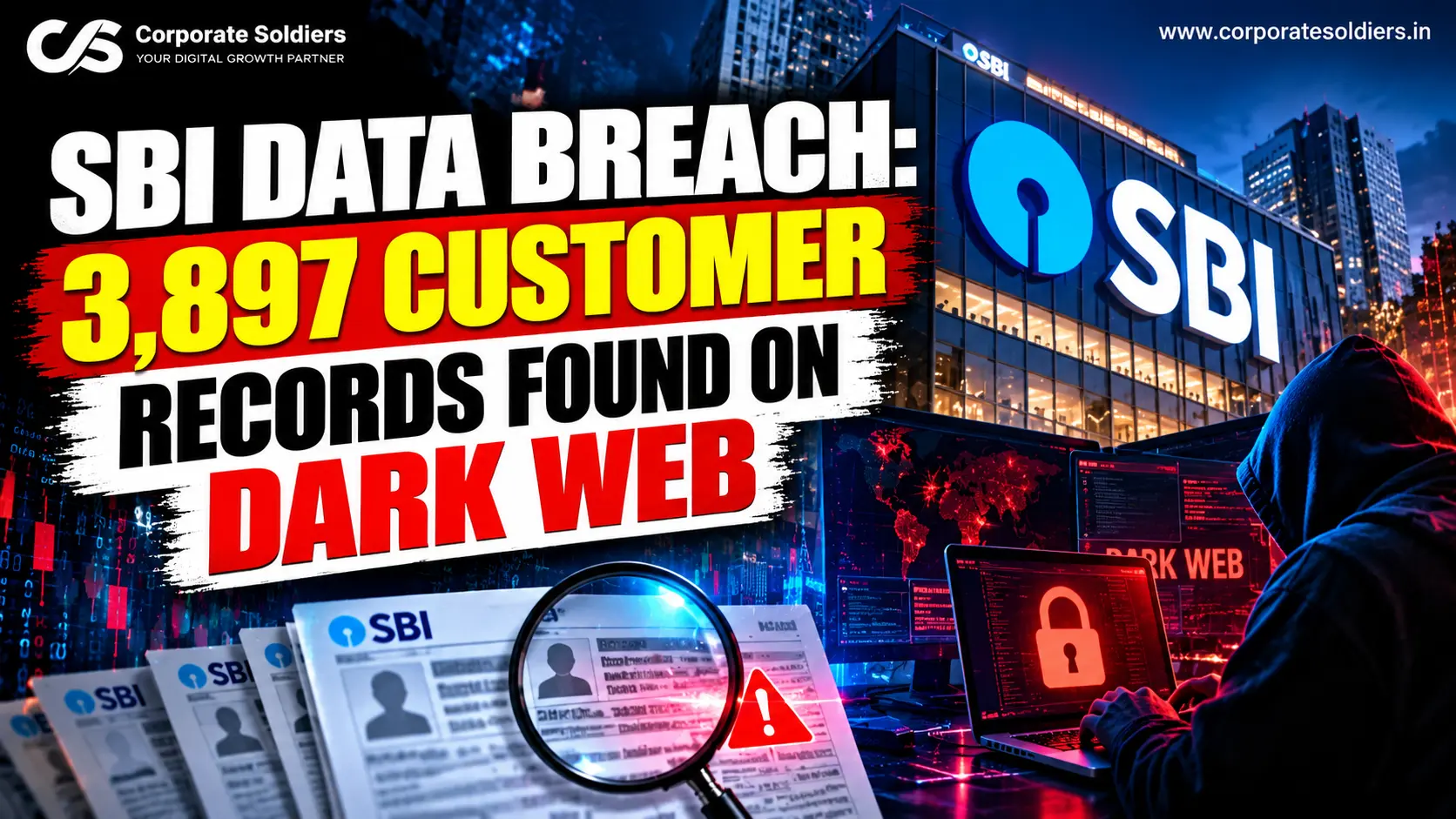 SBI data breach news graphic showing the State Bank of India building, customer records, and a dark web cybersecurity threat.