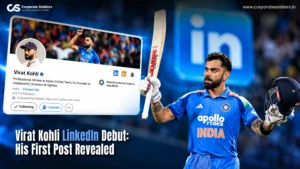 Virat Kohli in India cricket jersey alongside a LinkedIn profile graphic highlighting his debut and first post