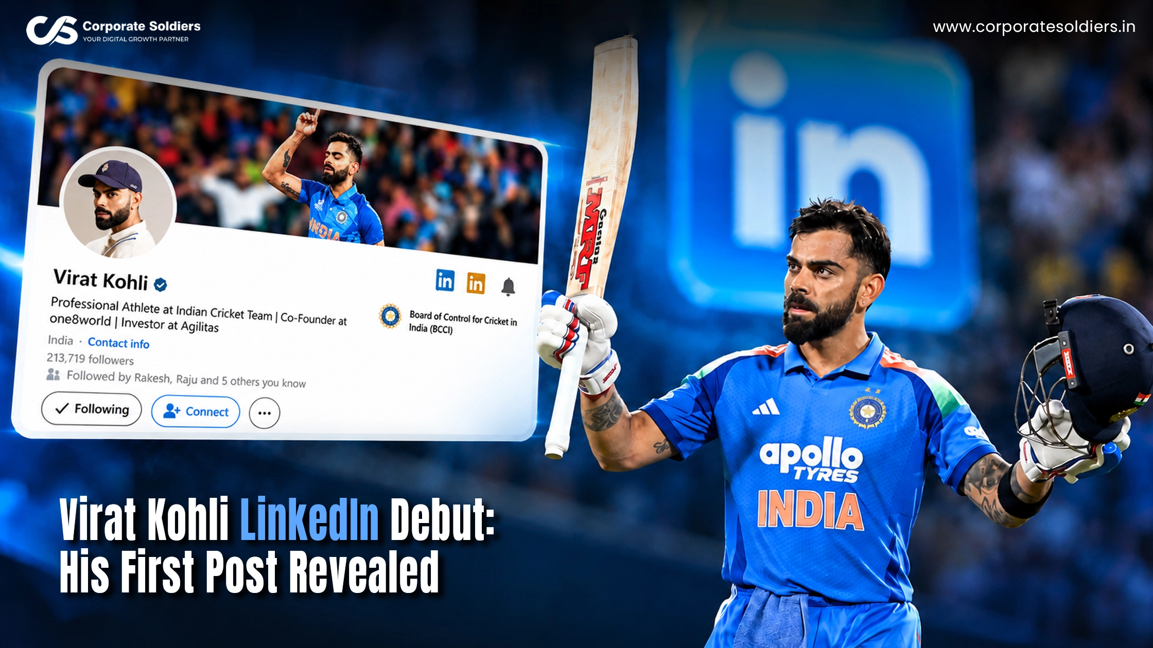 Virat Kohli in India cricket jersey alongside a LinkedIn profile graphic highlighting his debut and first post