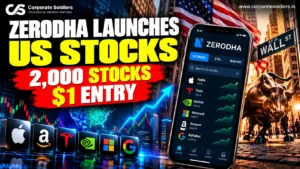 Zerodha US stocks investment concept featuring a smartphone displaying US stocks, Wall Street, and major American companies.