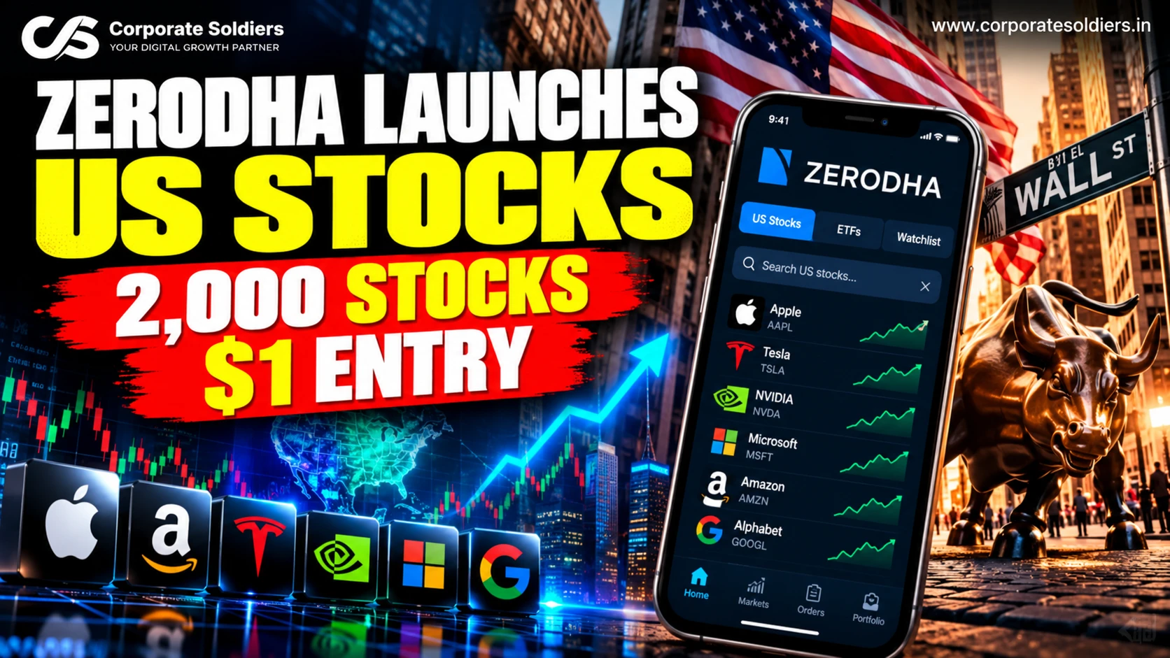 Zerodha US stocks investment concept featuring a smartphone displaying US stocks, Wall Street, and major American companies.