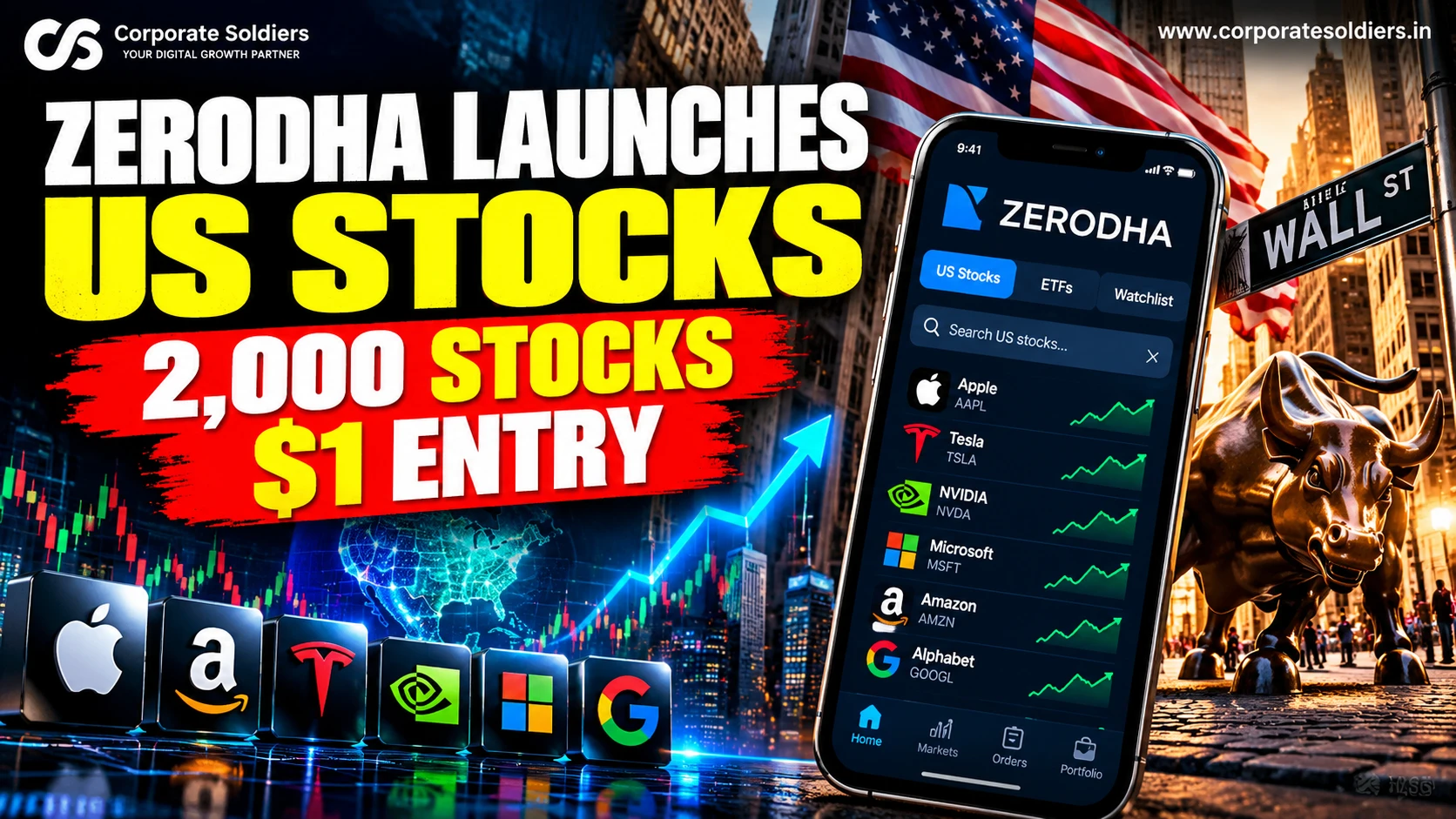 Zerodha US stocks investment concept featuring a smartphone displaying US stocks, Wall Street, and major American companies.